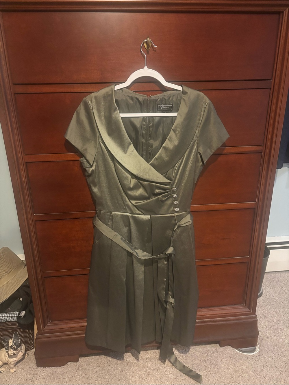 dressbarn Olive Satin Wrap-Style Midi Dress
